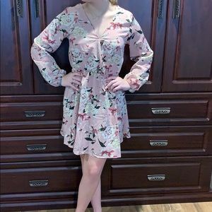Pink Floral Longsleeve V-neck Dress